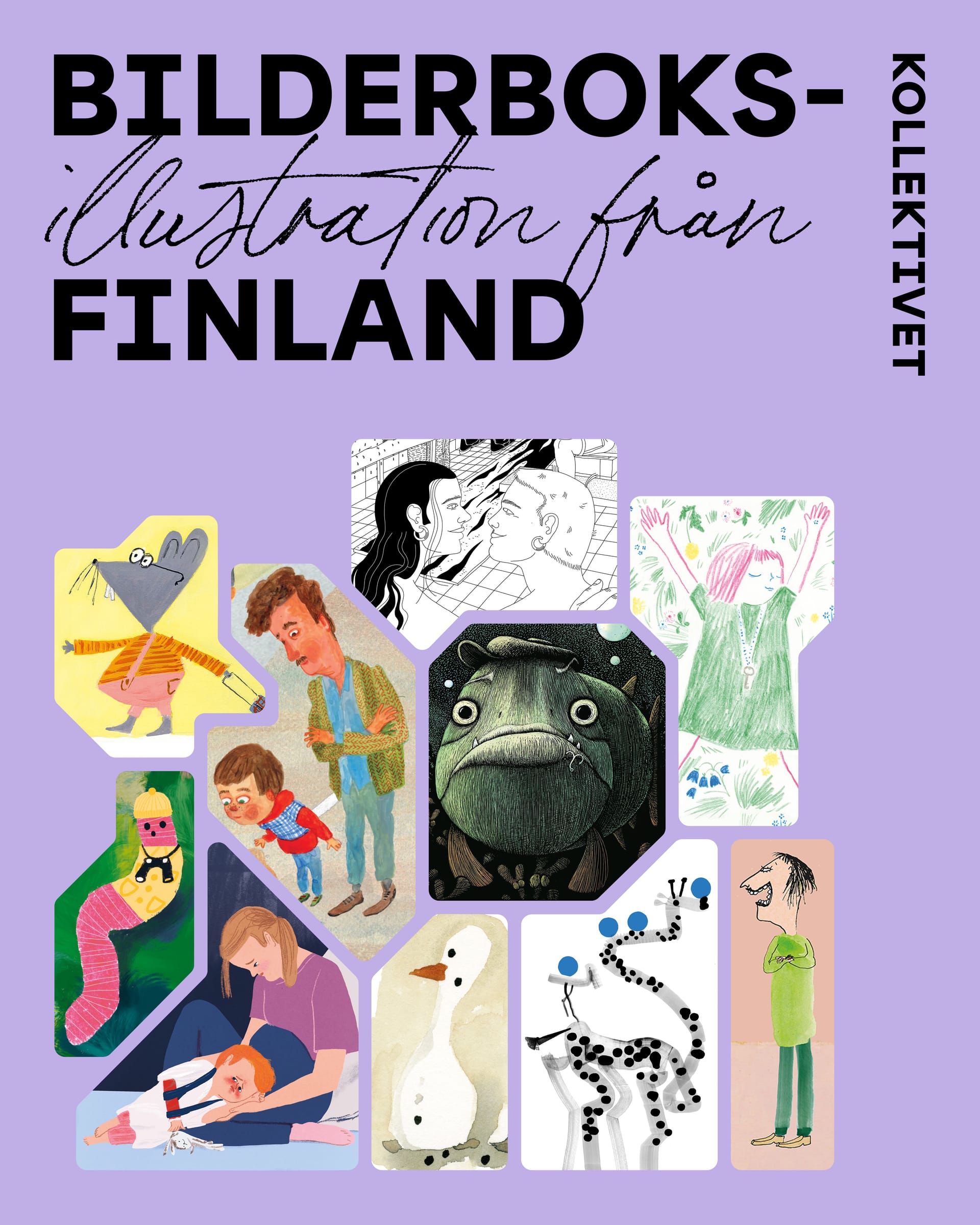 Collage av bilderboksillustrationer med violett ram