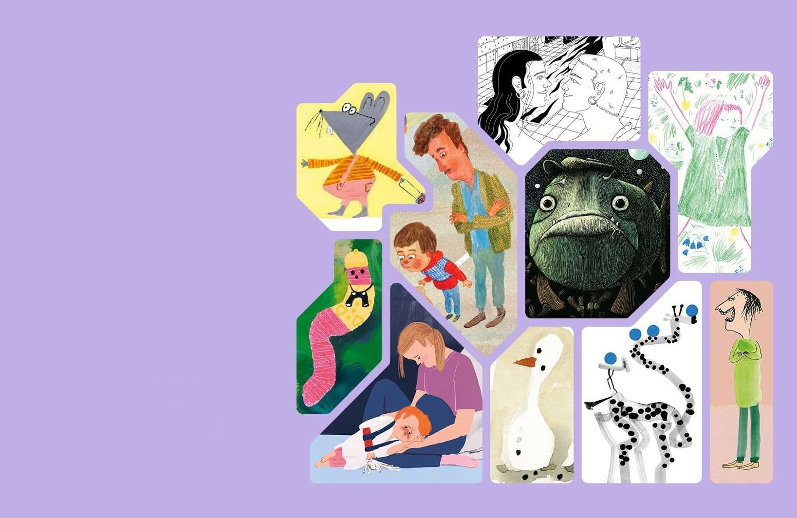 Collage av bilderboksillustrationer med violett ram